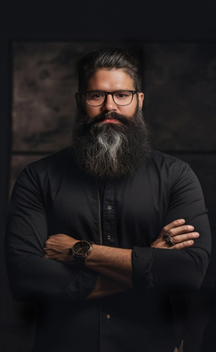 photo of a bearded man in black shirt smiling with black glasses